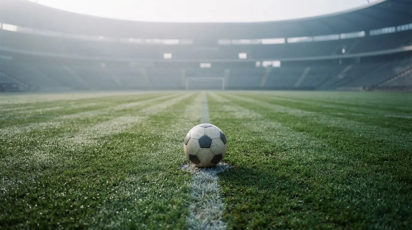 Ein einzelner Fussball liegt auf dem Anstosspunkt eines leeren Rasenplatzes am frühen Morgen, Tau glitzert auf dem Gras, die Tribüne liegt im Dunst.