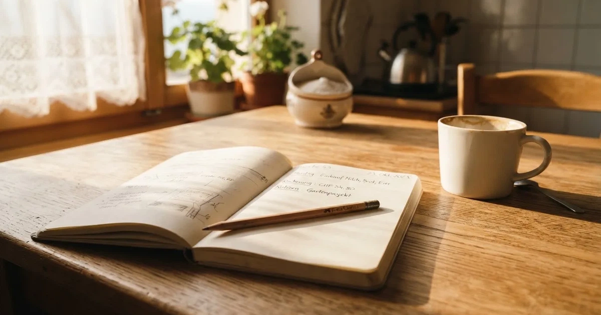 Ein Taschenrechner und ein Bleistift liegen auf einem hellen Küchentisch neben einer Tasse Kaffee, Sonnenlicht fällt schräg über die Tischplatte.