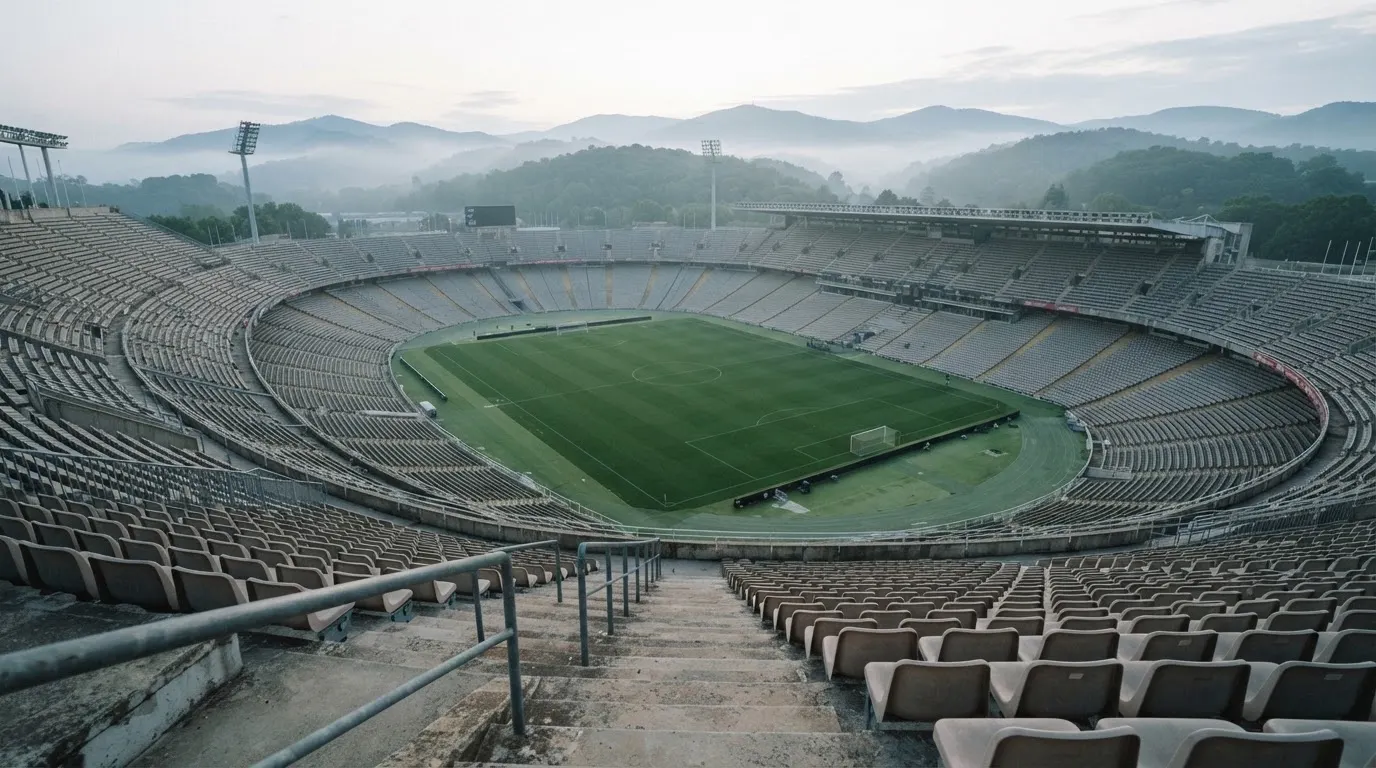 Ein leeres Stadion im Morgenlicht mit Blick auf die Sitzreihen, im Hintergrund Hügel und aufsteigender Nebel.