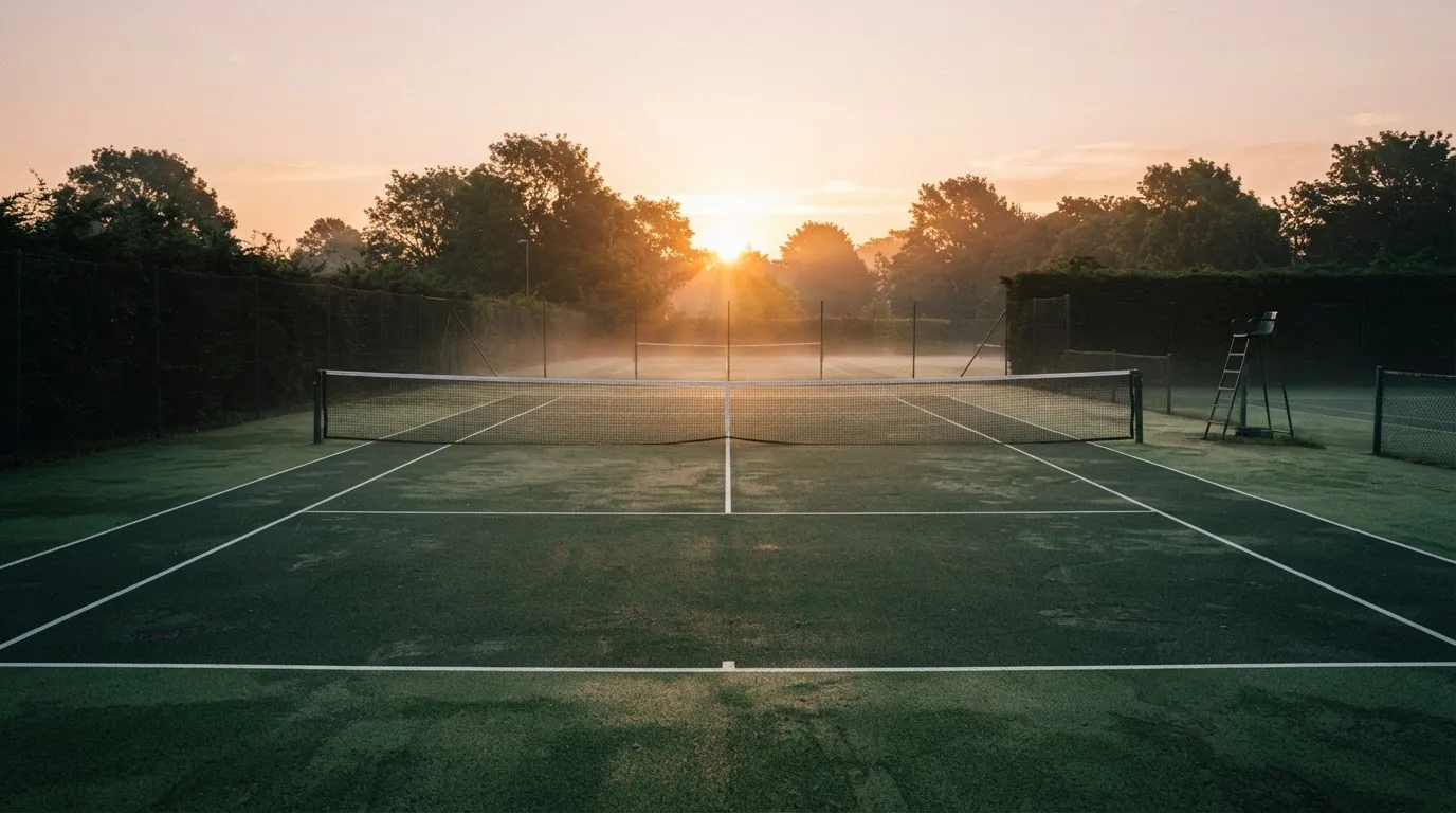 Ein Tennisplatz bei Sonnenaufgang, die Linien frisch gezogen, das Netz in der Mitte und Nebel über dem Boden.