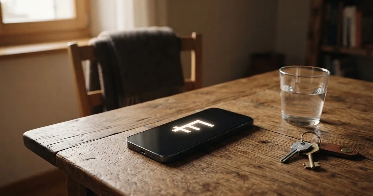 Ein Smartphone mit schwarzem Display liegt auf einem Holztisch neben einem Glas Wasser und einem Schlüsselbund.