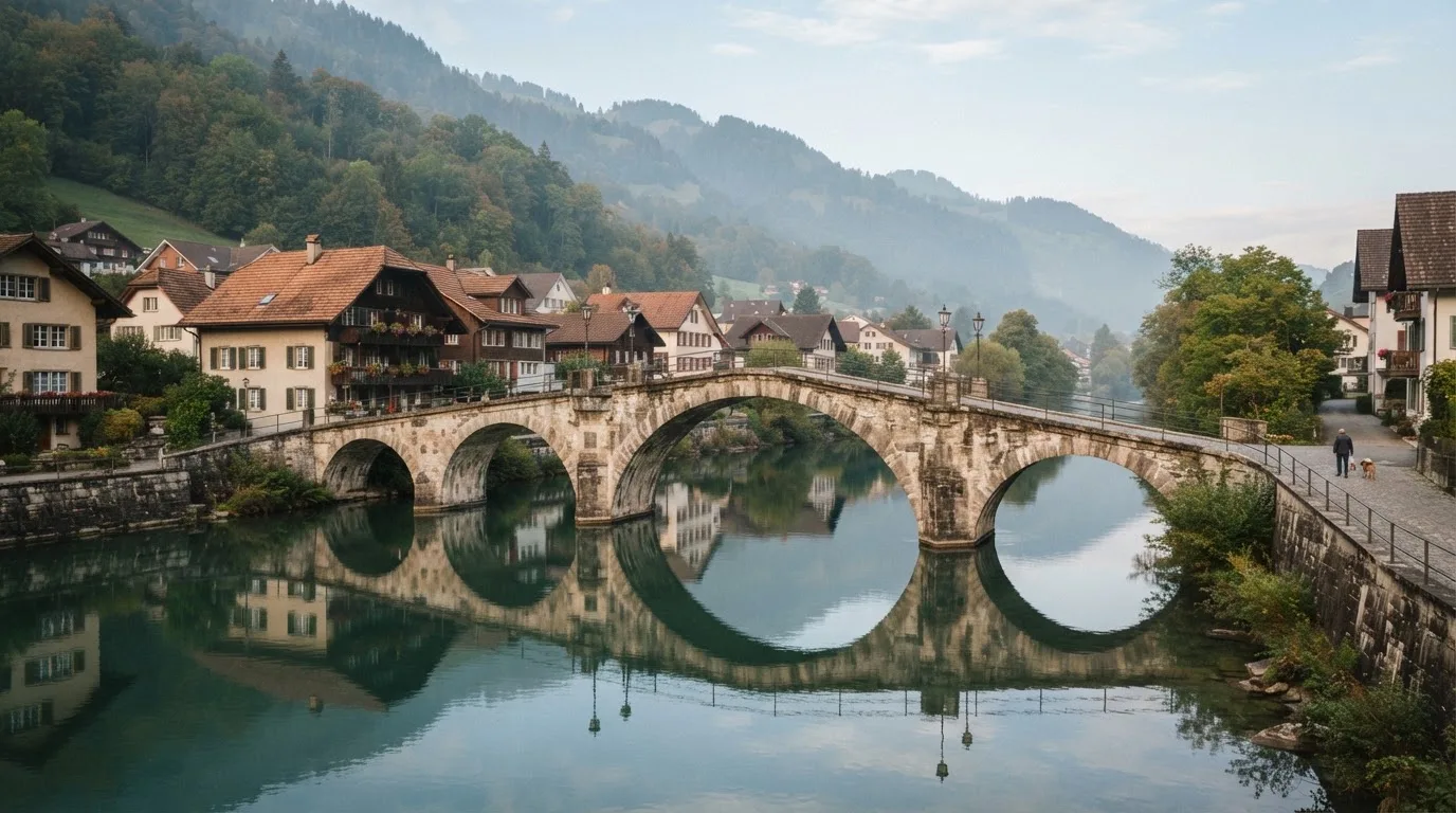 Eine alte Steinbrücke über einen ruhigen Fluss, dahinter Häuser mit Ziegeldächern und bewaldete Hügel.