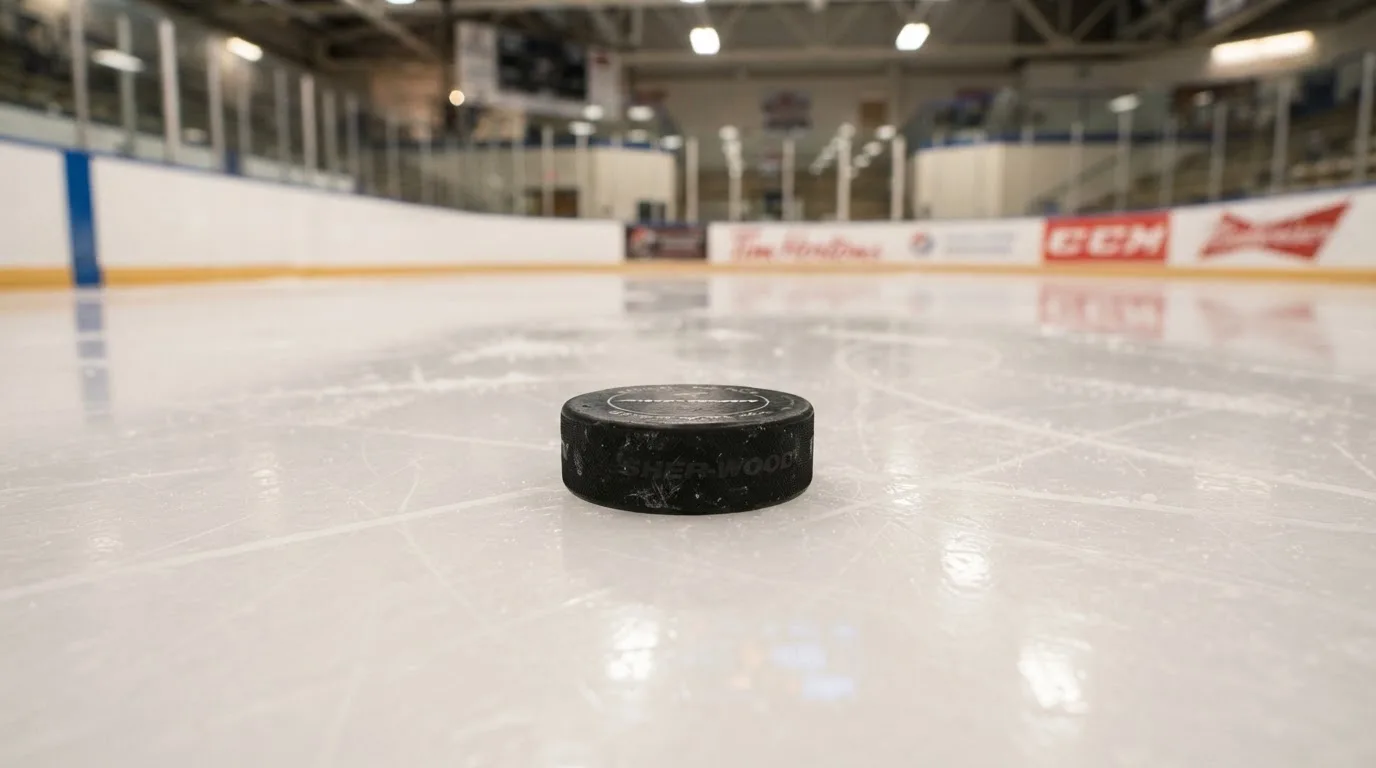 Ein Eishockeypuck liegt auf dem Eis, im Hintergrund unscharf die Bande unter hellem Hallenlicht.