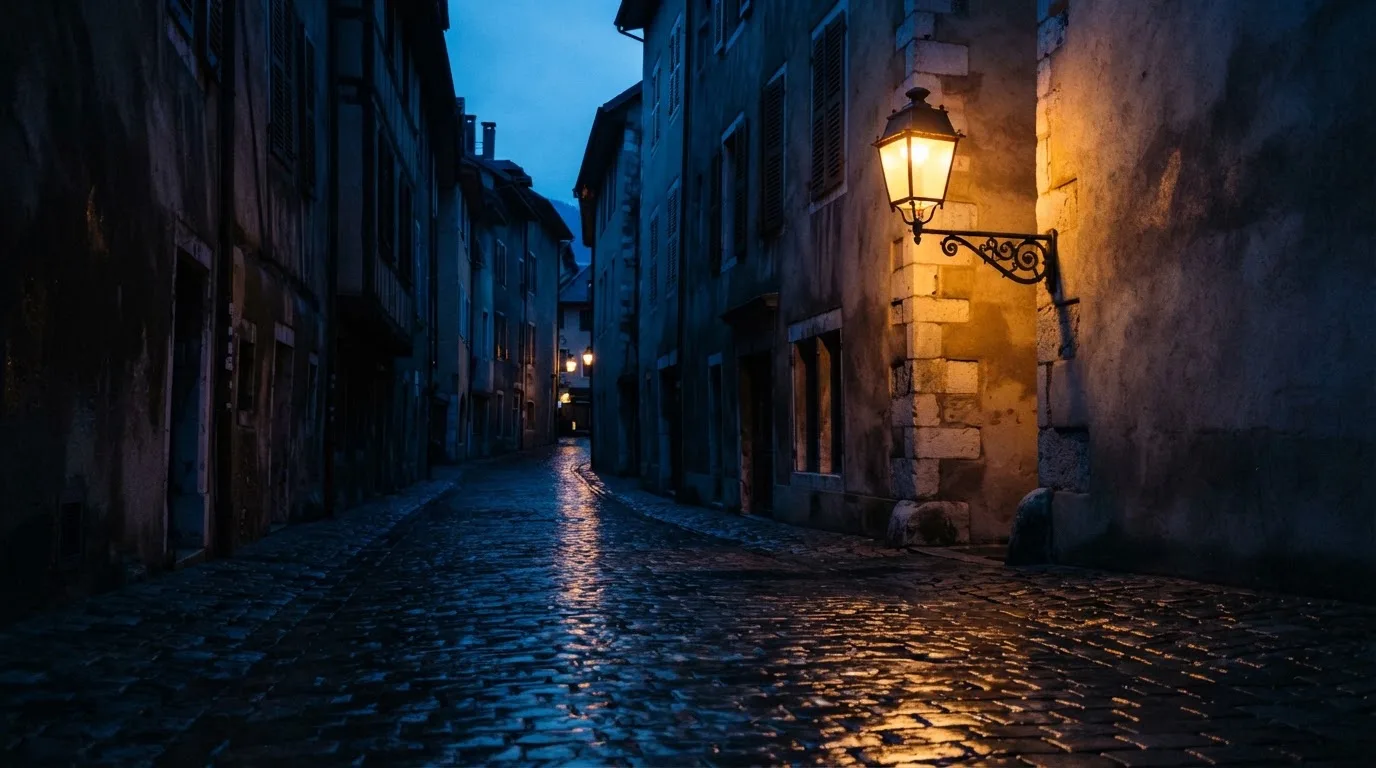 Eine Strassenlaterne in einer leeren Gasse am Abend, das nasse Kopfsteinpflaster spiegelt das warme Licht.