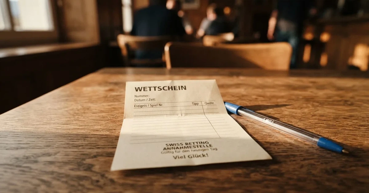 Ein leerer Wettschein aus Papier liegt neben einem Kugelschreiber auf einem Holztisch, weiches Licht fällt von der Seite.
