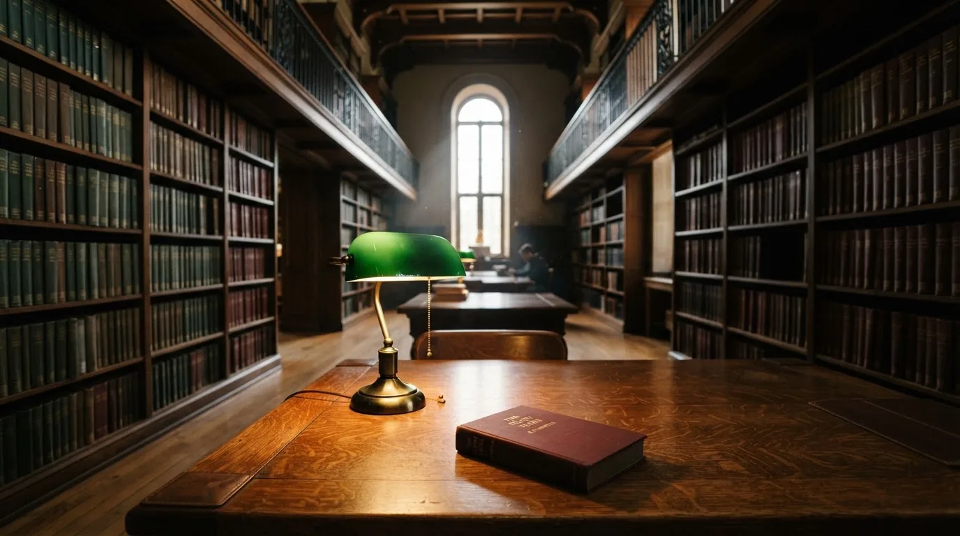 Eine Bibliothek mit hohen Holzregalen voller Bücher, im Vordergrund ein Lesetisch mit grüner Lampe.