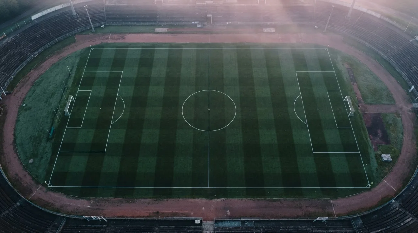 Ein Fussballplatz von oben gesehen, die Linien bilden ein helles Muster auf dem Rasen, Drohnenperspektive in der Morgendämmerung.