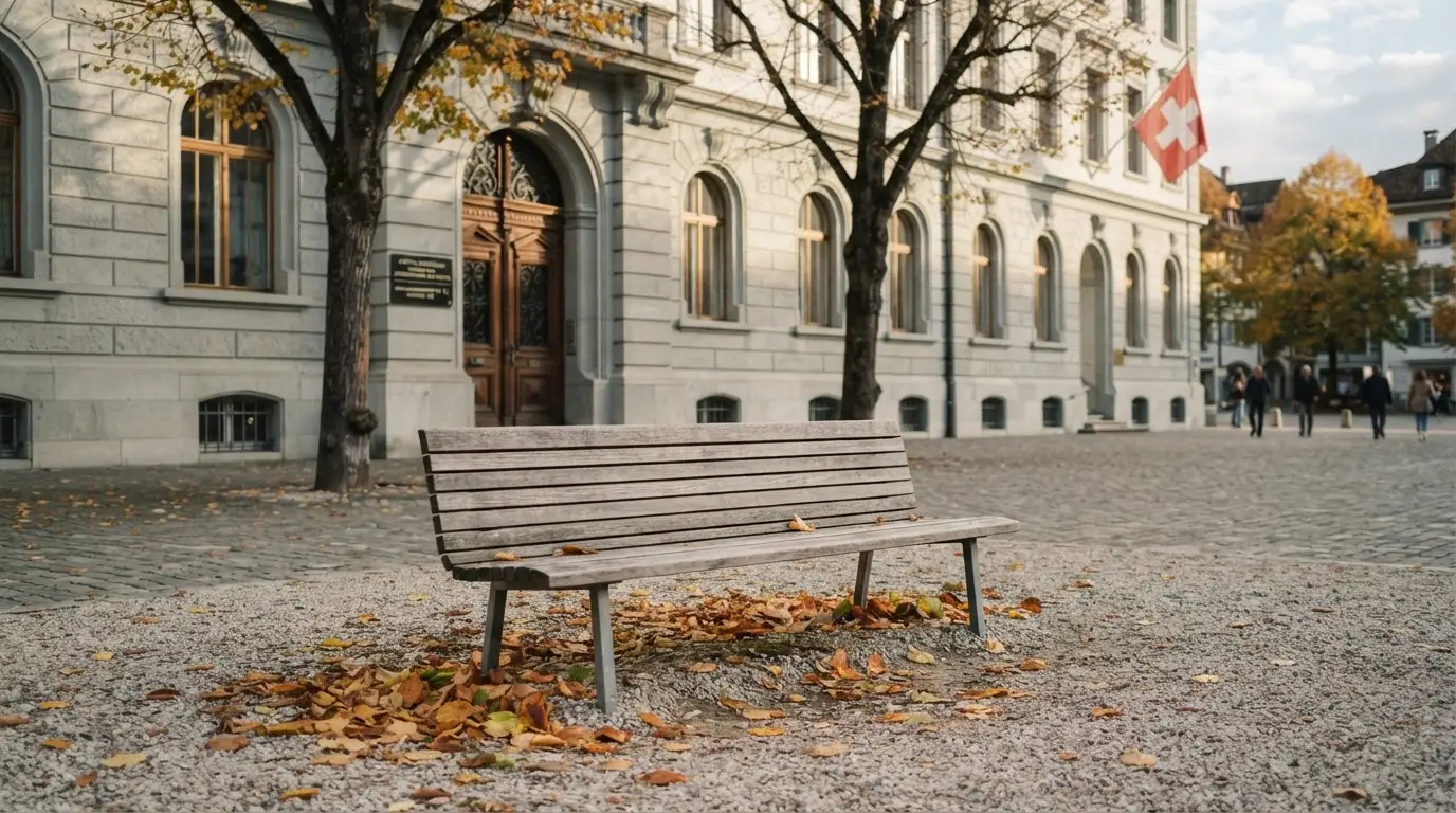 Eine Holzbank steht vor einem Verwaltungsgebäude aus Stein mit hohen Fenstern, Herbstlaub liegt auf dem Boden.