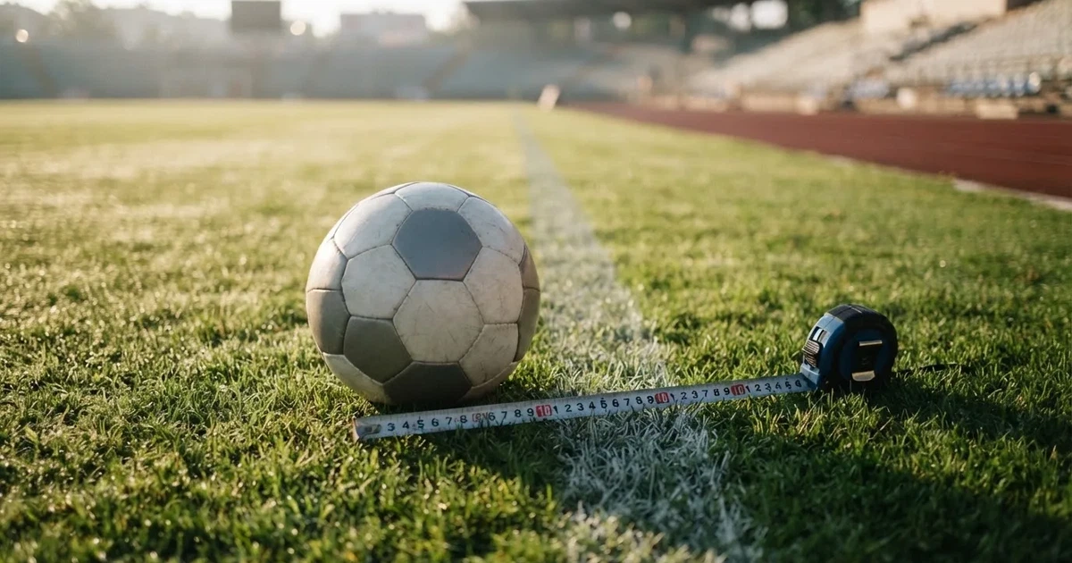 Ein Fussball und ein Massband liegen auf kurz geschnittenem Rasen neben einer Kreidelinie, Morgenlicht von der Seite.