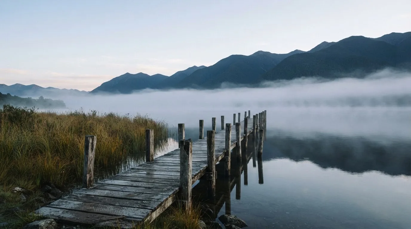 Ein Seeufer mit einem hölzernen Steg, Nebel liegt über dem Wasser, am anderen Ufer erheben sich Berge.