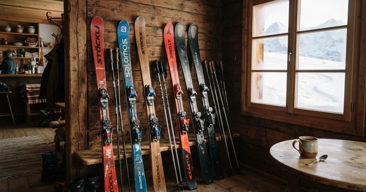 Mehrere Skier und Stöcke lehnen ordentlich in einer Reihe an der Holzwand einer Berghütte, vor dem Fenster liegt Schnee.