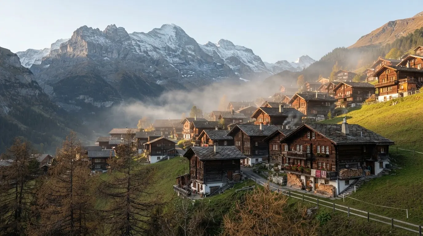 Ein Bergdorf mit Holzhäusern im Tal an einem klaren Morgen, über den Dächern liegen Nebelschwaden und ferne Gipfel.