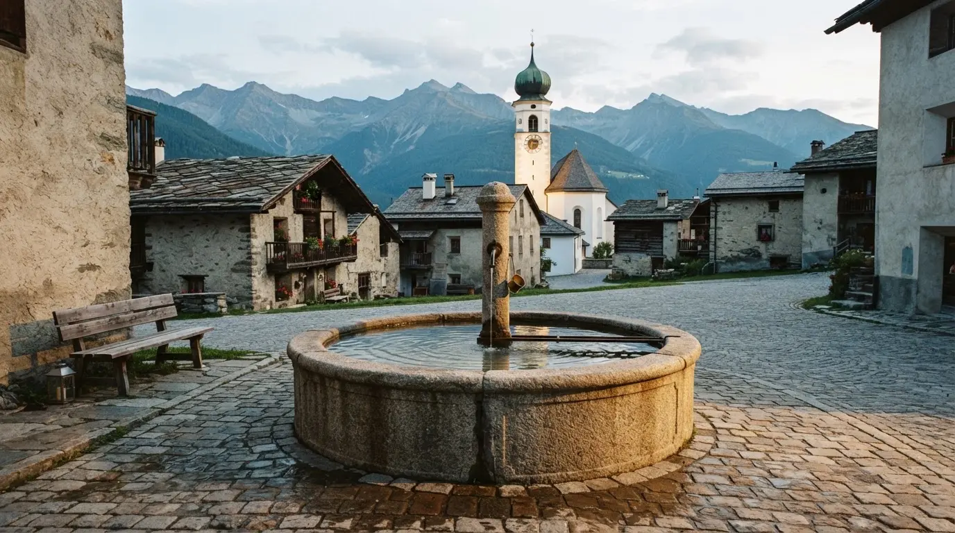 Ein Brunnen auf einem Dorfplatz mit Kopfsteinpflaster, im Hintergrund eine Kirche mit Zwiebelturm und Berge.
