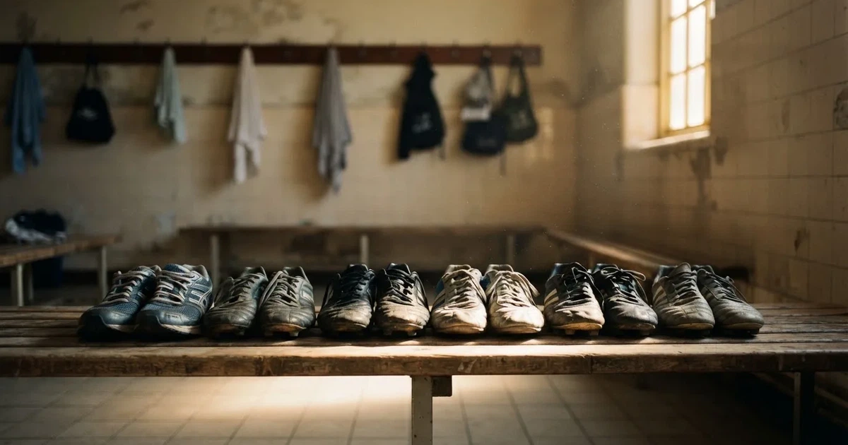Eine Reihe Sportschuhe steht auf einer Bank in einer Umkleide, Licht fällt aus einem hohen Fenster.