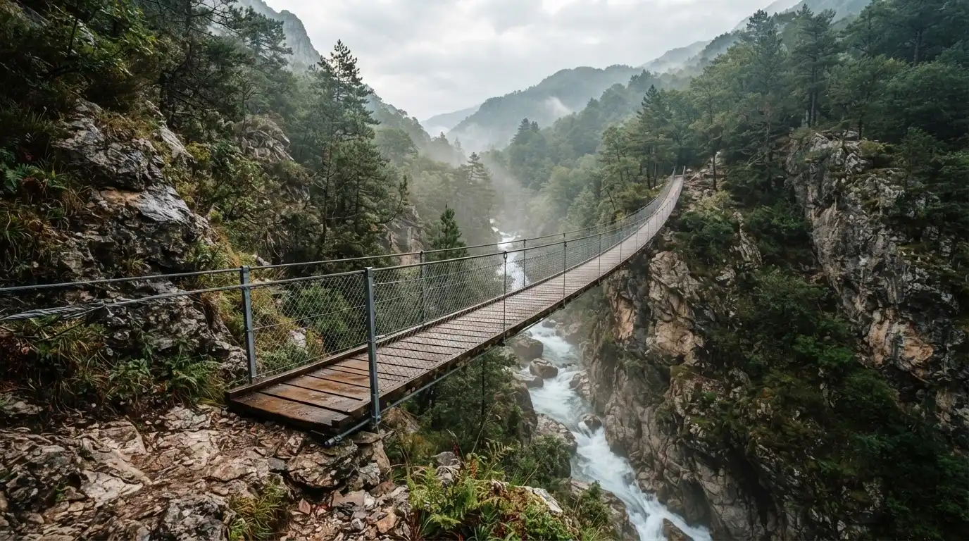 Eine Hängebrücke spannt sich über eine tiefe Schlucht, unten rauscht ein Fluss zwischen bewaldeten Felswänden.