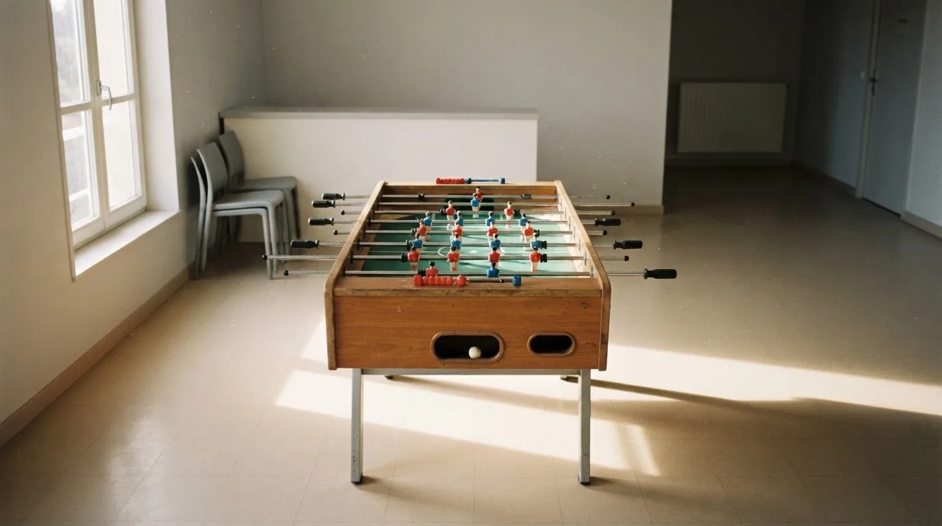Ein Tischfussballtisch steht in einem leeren Aufenthaltsraum, Nachmittagslicht fällt durch ein Fenster.