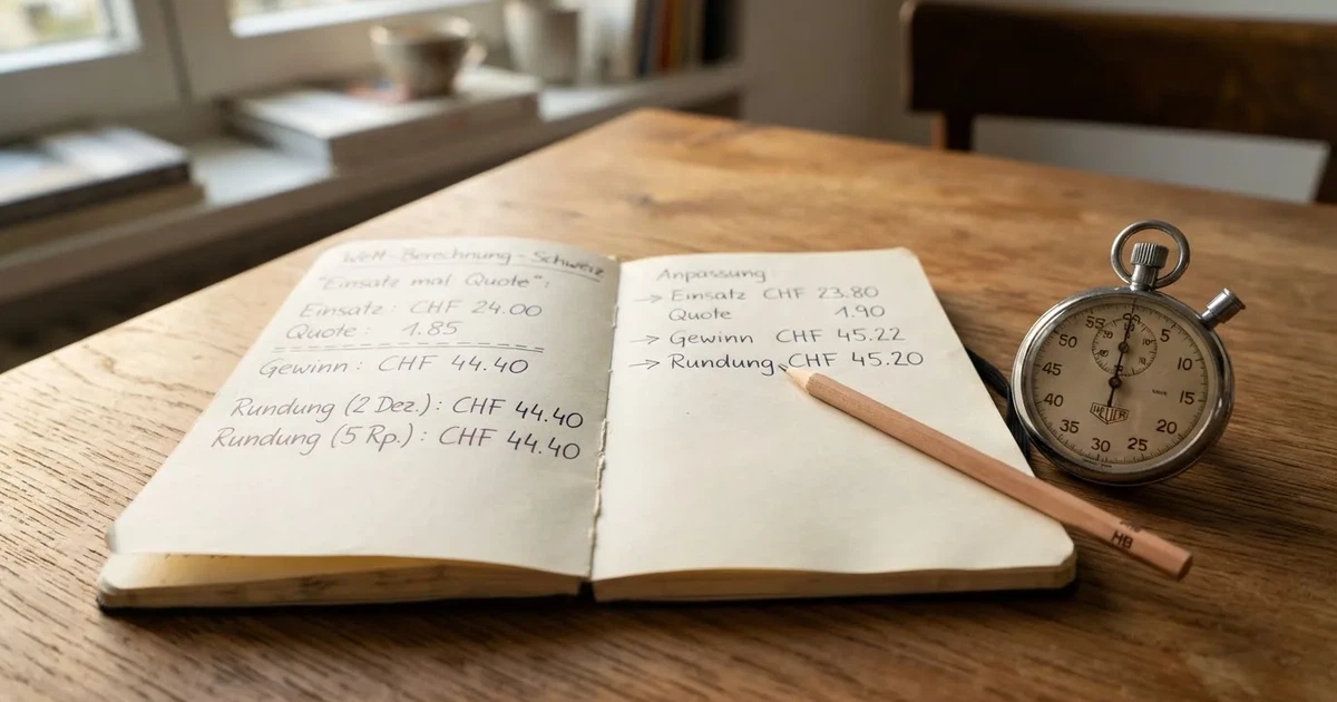 Ein aufgeschlagenes Notizbuch mit handschriftlichen Notizen und Skizzen liegt neben einer Stoppuhr auf einem Holztisch.