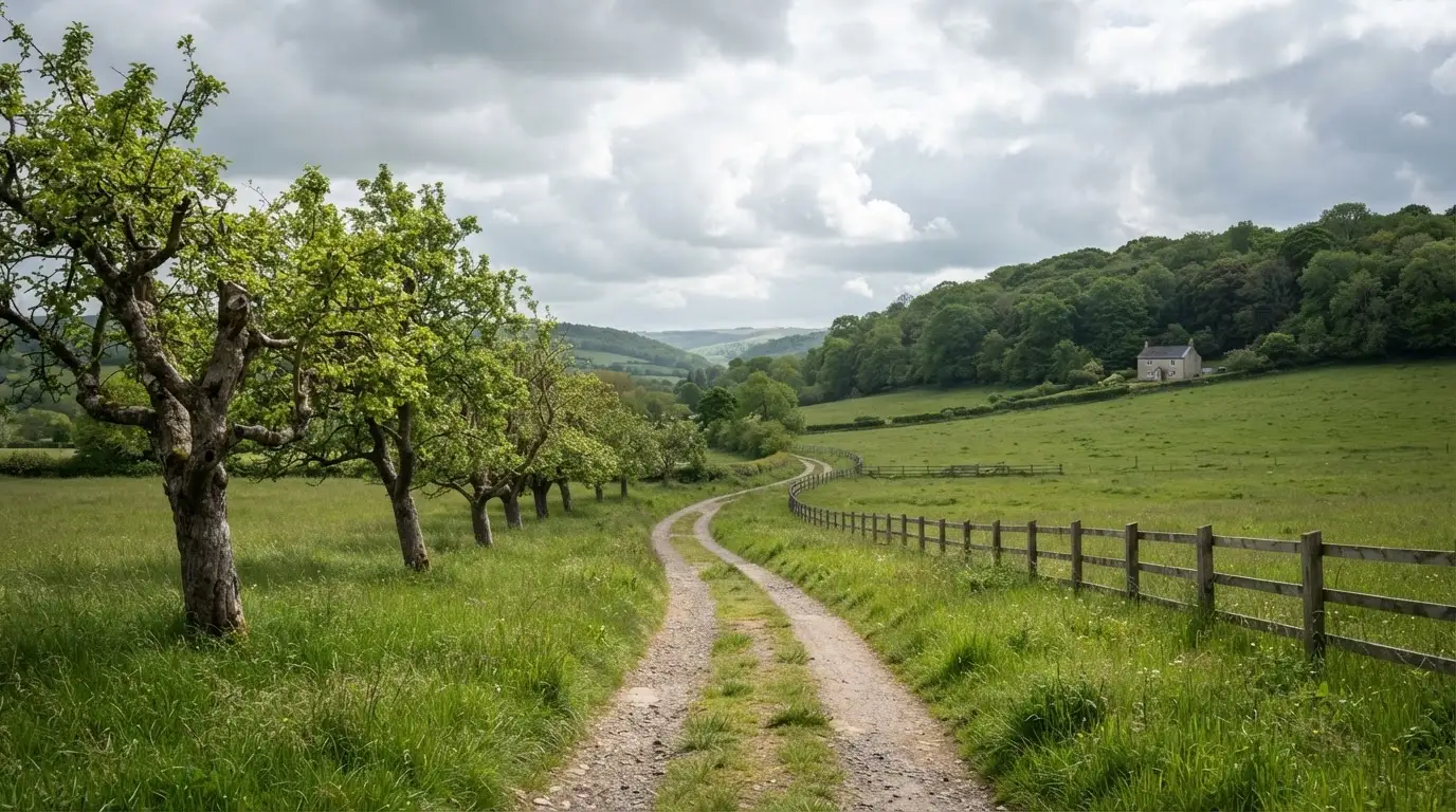 Ein Feldweg führt zwischen Wiesen zu einem Hügel, der Himmel ist bewölkt, am Wegrand stehen Obstbäume.
