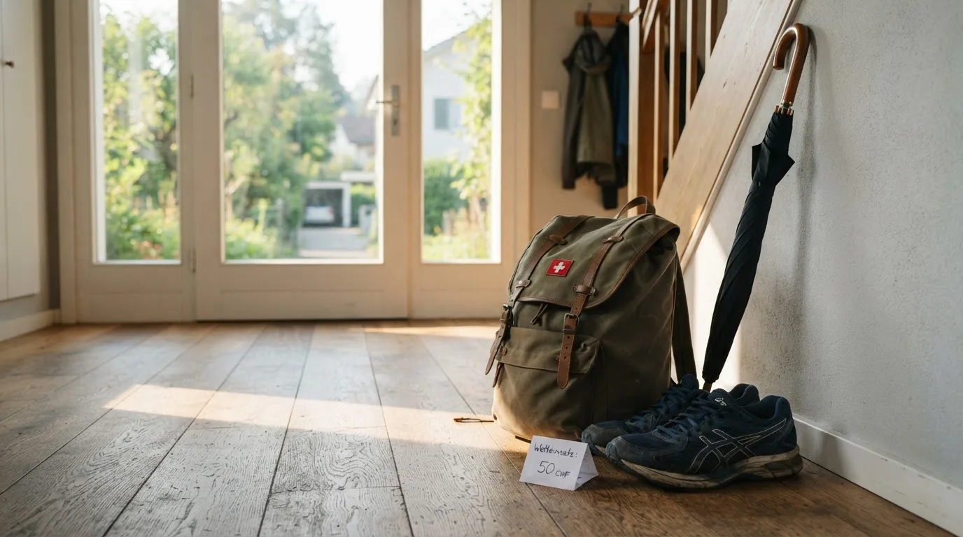 Ein Rucksack und Turnschuhe stehen an einer Haustür, daneben ein Regenschirm, durch das Glas fällt Morgenlicht.
