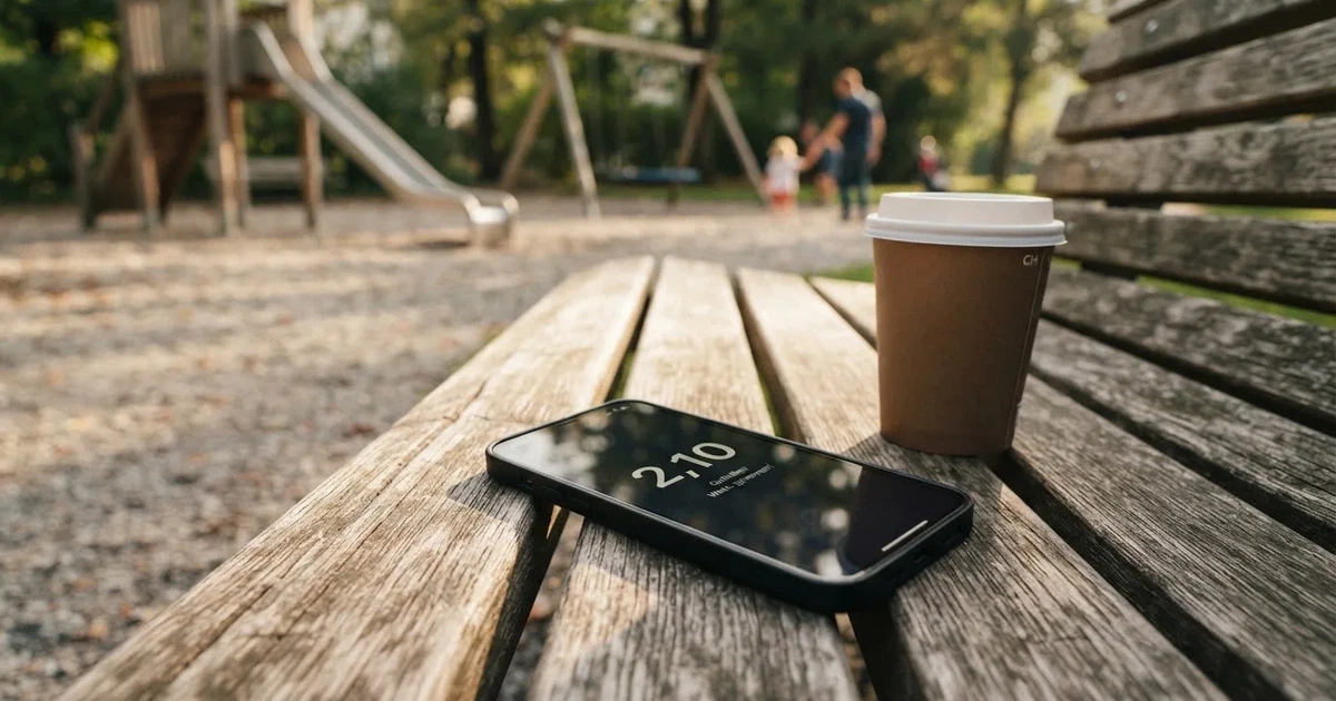 Ein Smartphone mit dunklem Display liegt auf einer Parkbank, daneben ein Kaffeebecher, im Hintergrund ein Spielplatz.