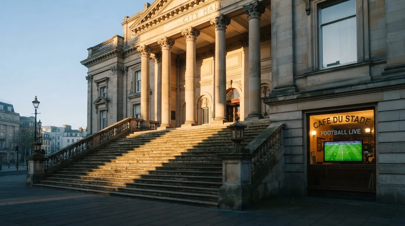 Eine breite Steintreppe führt zu einem Gebäude mit Säulen, die Morgensonne scheint, niemand ist zu sehen.