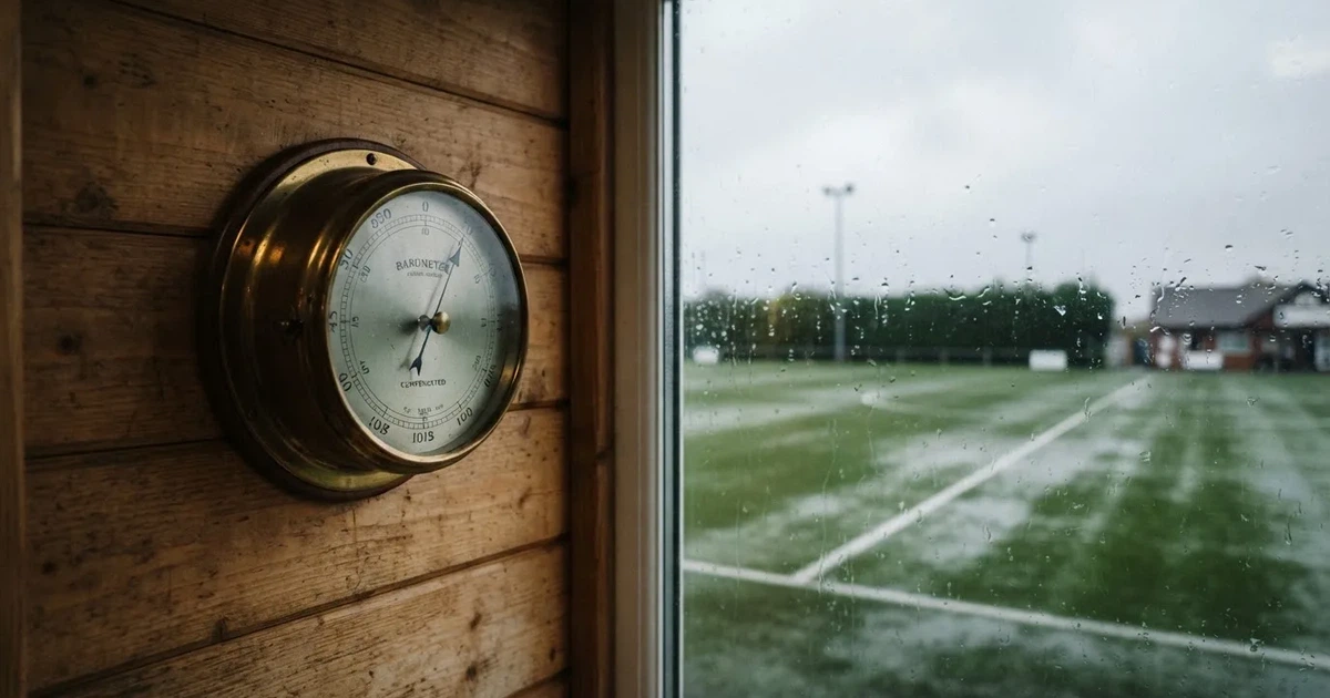 Ein Wetterbarometer hängt an einer Holzwand neben einem Fenster, draussen liegt ein nasser Fussballplatz im Regen.