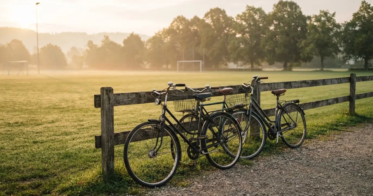 Drei Fahrräder lehnen nebeneinander an einem Zaun vor einem Sportplatz, dahinter ein grüner Rasen im Dunst.