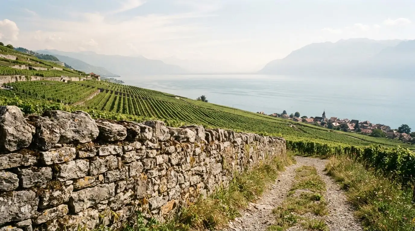 Eine Mauer aus Natursteinen am Wegrand, dahinter Weinberge, die zu einem See hinabführen.