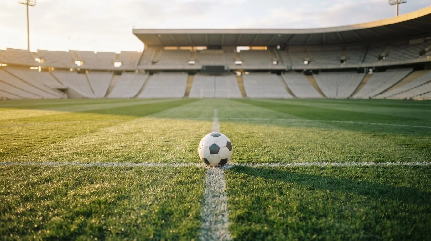 Ein Fussball liegt auf dem Anstosspunkt eines leeren Rasenplatzes im frühen Morgenlicht, dahinter erhebt sich eine menschenleere Tribüne.
