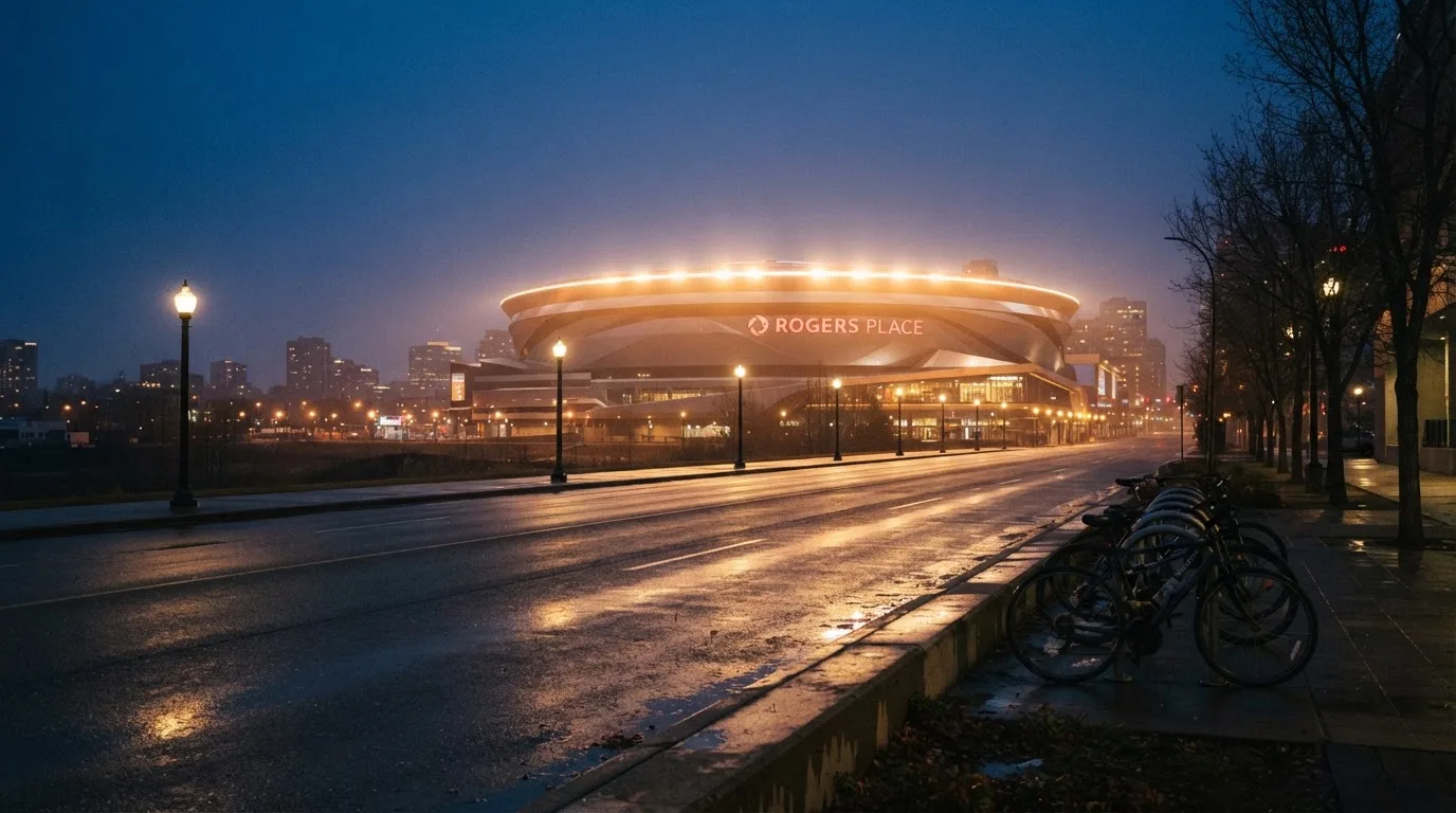 Ein grosses Eisstadion aus der Ferne gesehen, hell erleuchtet von Flutlicht in der Abenddämmerung, davor eine leere Strasse.