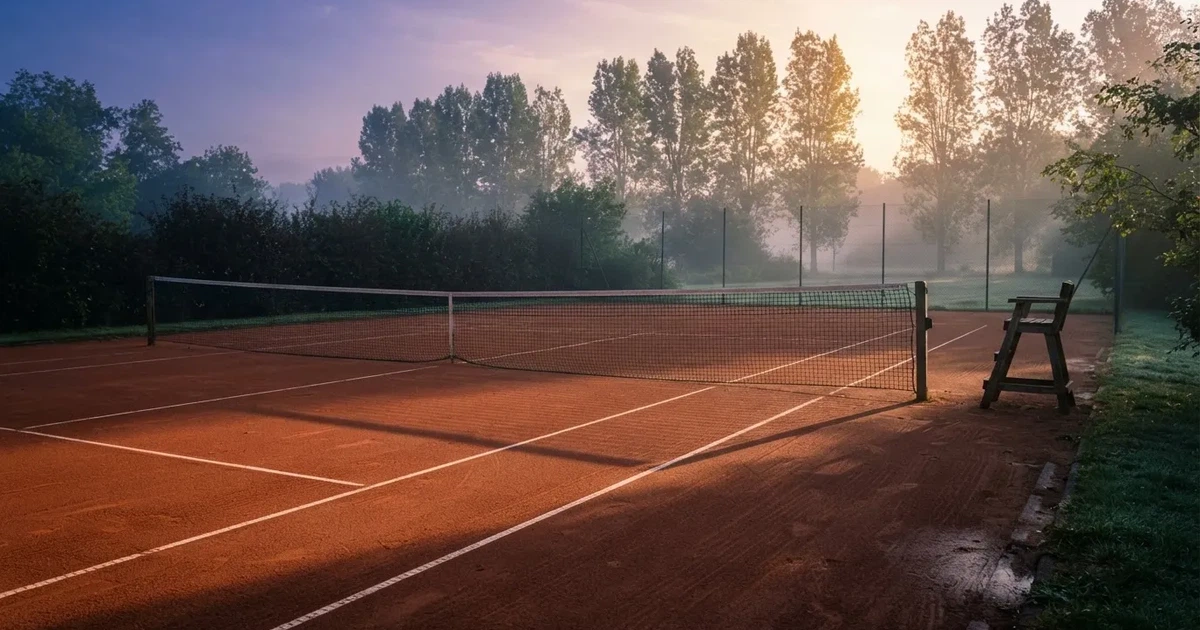 Ein Sandplatz für Tennis liegt bei Sonnenaufgang still da, das Netz wirft einen langen Schatten über die weissen Linien.