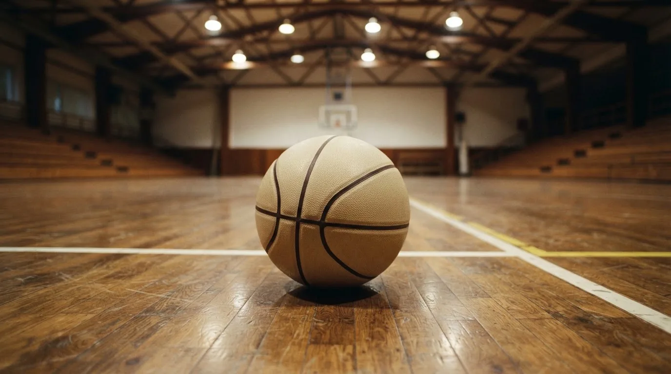 Ein Basketball liegt auf dem Parkett einer leeren Halle, von den Deckenlampen fällt gleichmässiges Licht auf den Boden.