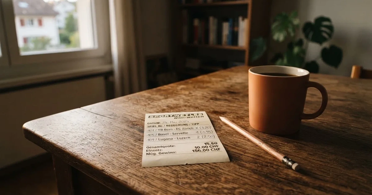 Ein leerer Wettschein aus Papier liegt auf einem Holztisch neben einem Bleistift und einem Kaffeebecher.