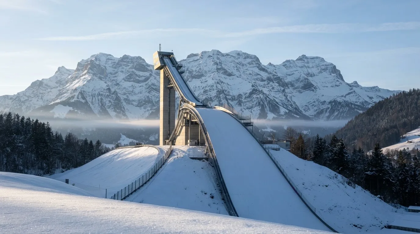 Eine Skisprungschanze erhebt sich vor verschneiten Bergen im Morgenlicht, die Hänge sind unberührt und ruhig.