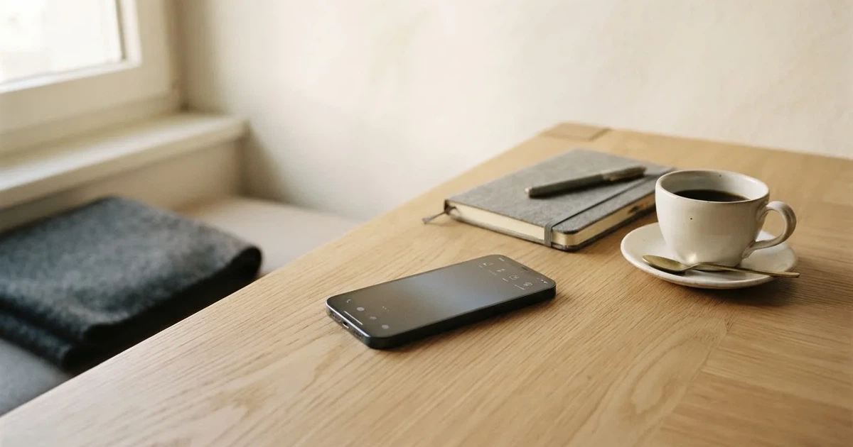 Ein Smartphone mit dunklem Display liegt neben einer Kaffeetasse auf einem hellen Tisch, daneben ein Notizblock.