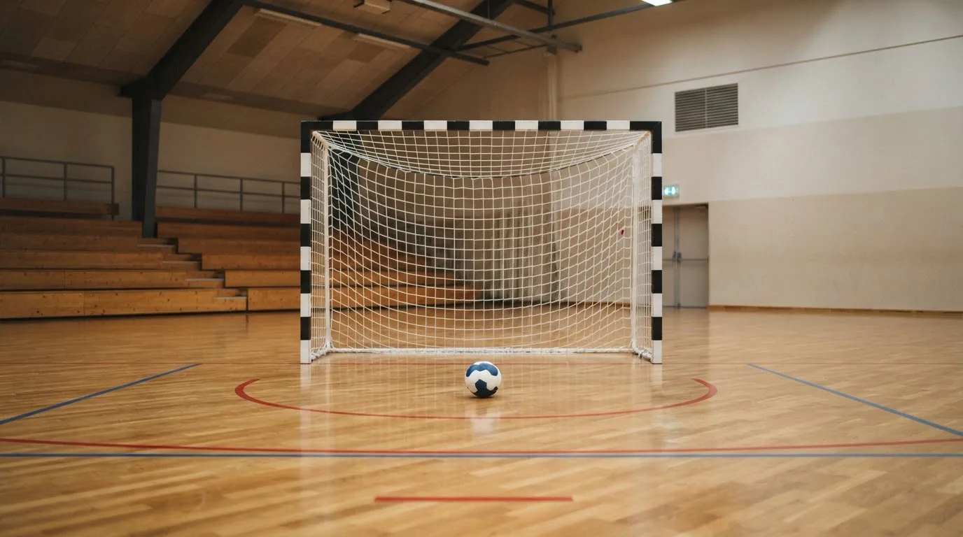 Ein Handballtor in einer leeren Sporthalle, der Ball liegt im Torraum und das Hallenlicht spiegelt sich im Parkett.
