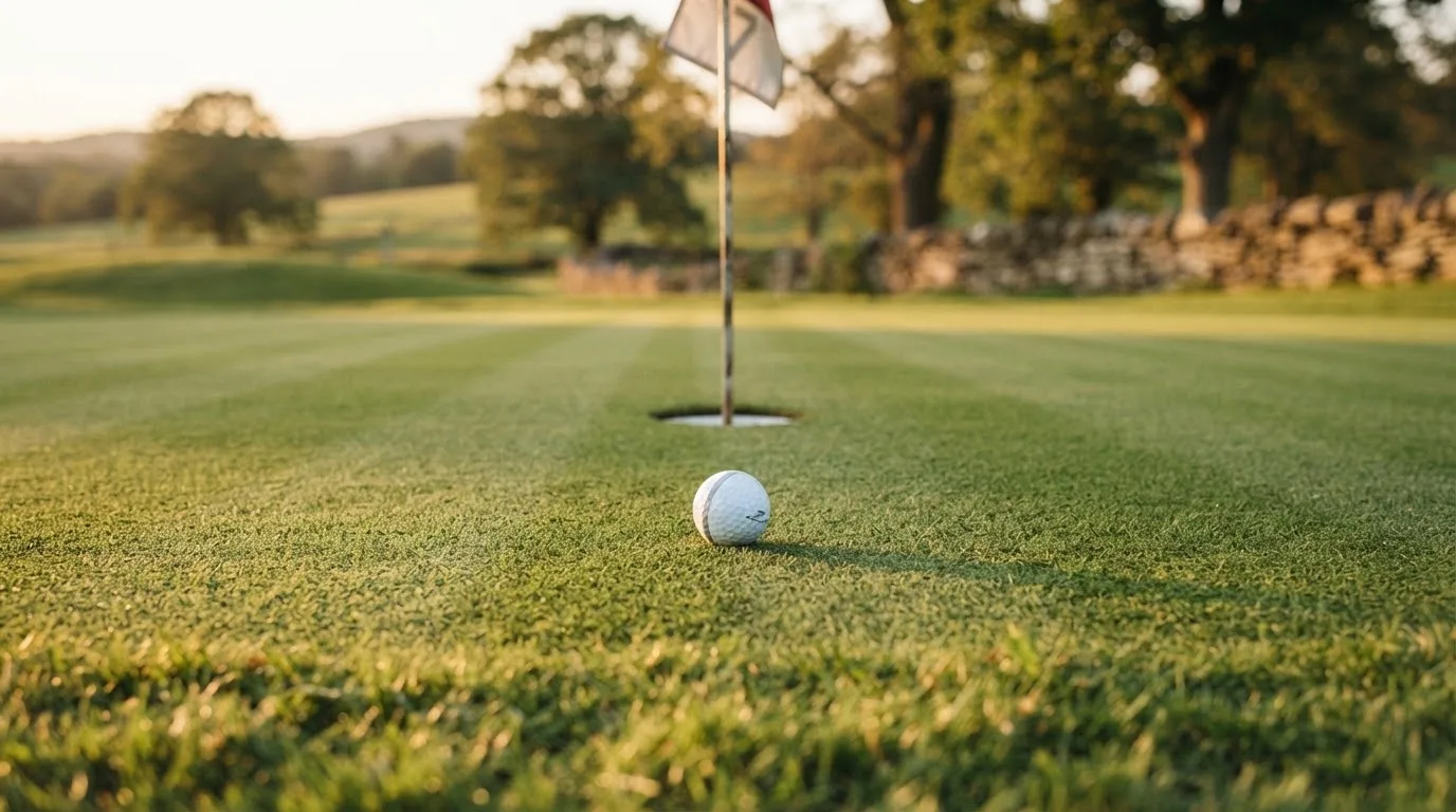 Ein Golfball liegt auf einem gepflegten Grün nahe am Loch, im goldenen Licht der Abendsonne.