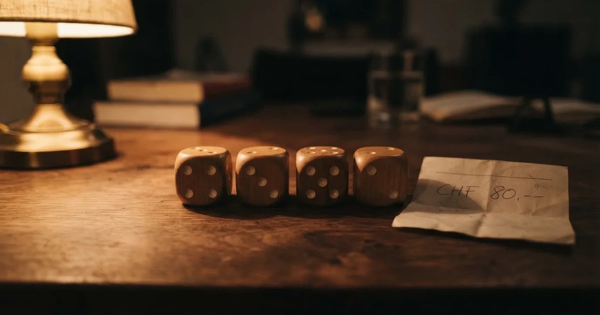 Vier Holzwürfel stehen in einer Reihe auf einem Tisch, das Licht einer Lampe wirft vier Schatten auf die Platte.