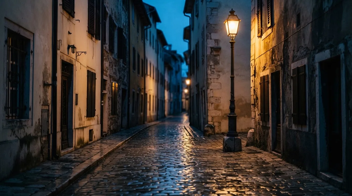 Eine gusseiserne Strassenlaterne in einer ruhigen Altstadtgasse am Abend, das Kopfsteinpflaster glänzt feucht.