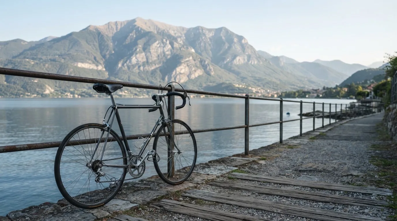 Ein Rennrad lehnt an einem Geländer am Seeufer, dahinter liegt ruhiges Wasser vor einer Bergkette.
