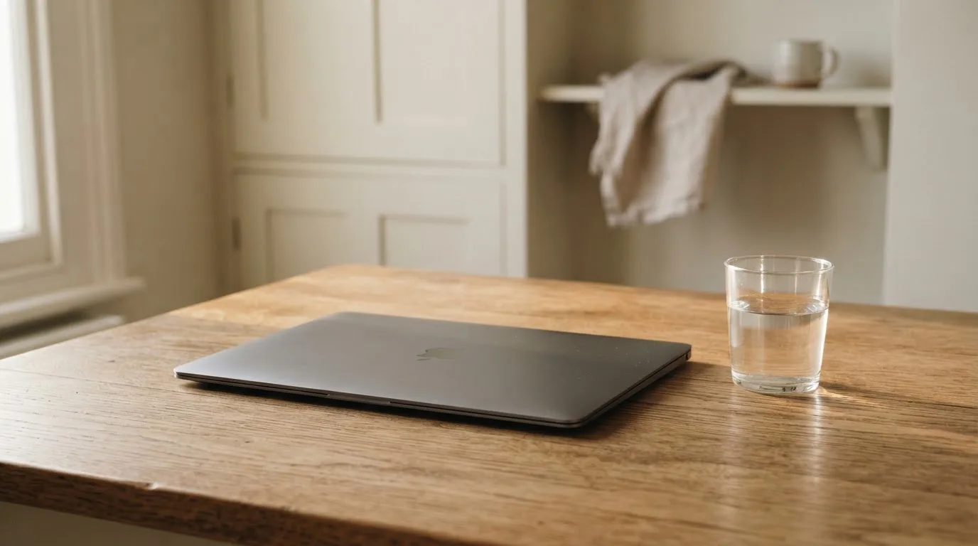 Ein geschlossener Laptop steht neben einem Glas Wasser auf einem Küchentisch im Licht des frühen Morgens.