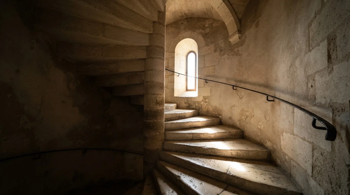 Eine Wendeltreppe aus Stein in einem alten Gebäude, Licht fällt durch ein schmales Fenster auf die Stufen.