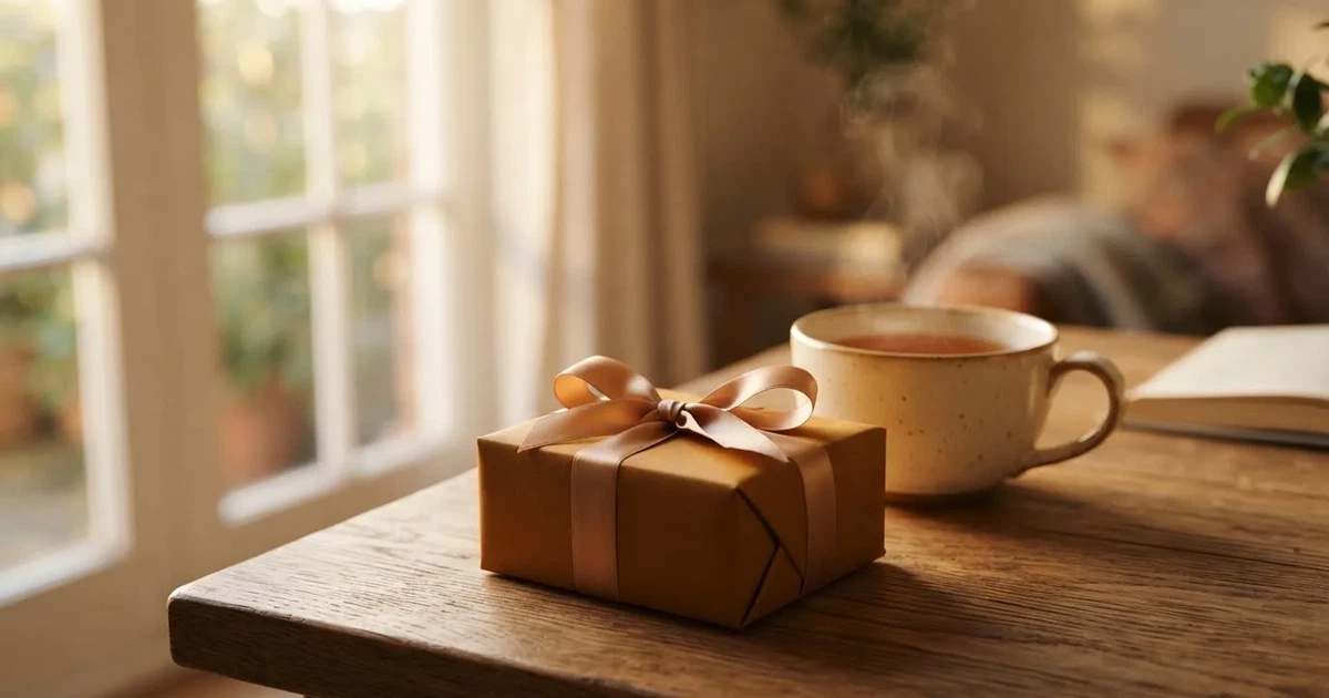 Eine kleine Geschenkschachtel mit Band steht auf einem Holztisch neben einer Tasse Tee im Licht eines Fensters.