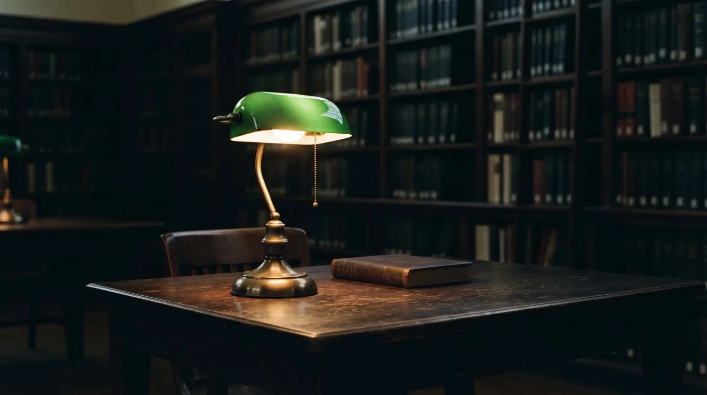 Eine Tischlampe mit grünem Schirm leuchtet auf einem Schreibtisch in einer stillen Bibliothek mit hohen Regalen.