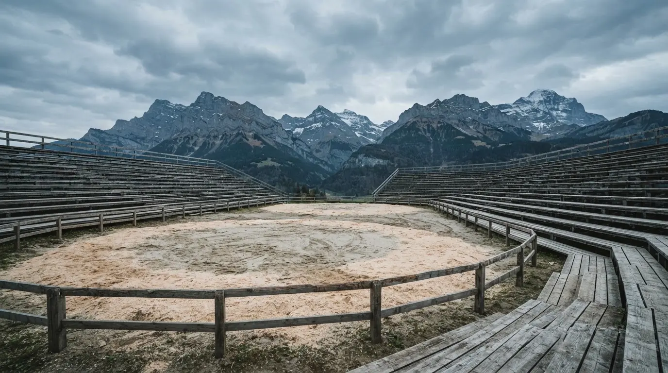 Ein Sägemehlring zwischen Tribünen aus Holz vor Alpenkulisse, ruhig und menschenleer unter bewölktem Himmel.