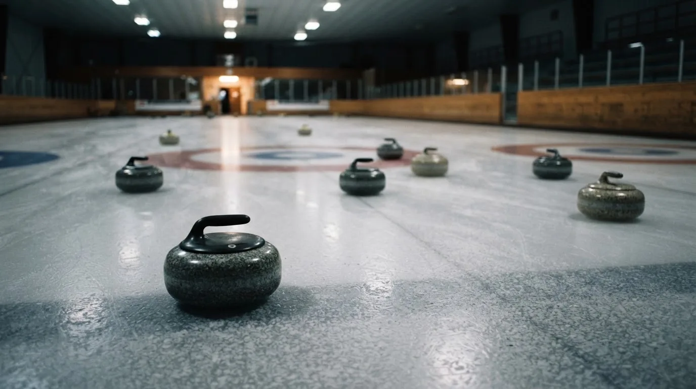 Mehrere Curlingsteine liegen auf einer glatten Eisfläche in einer leeren Halle, Deckenlicht spiegelt sich im Eis.