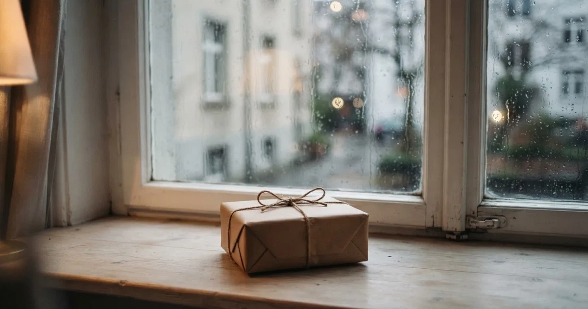 Ein Päckchen in braunem Papier mit Schnur liegt auf einer Fensterbank, draussen ist ein verregneter Hof zu sehen.