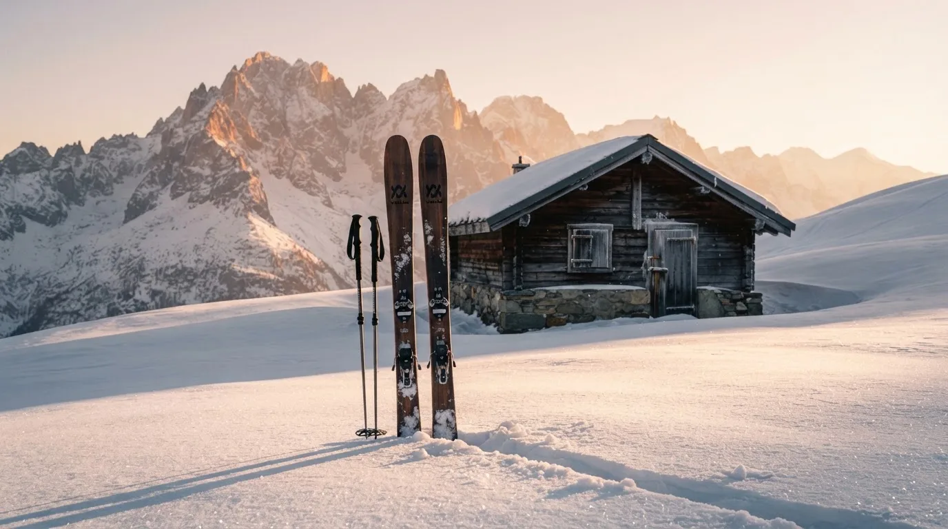 Ein Paar Ski steckt aufrecht im Schnee vor einer Berghütte, im Hintergrund färbt der Sonnenaufgang die Gipfel.