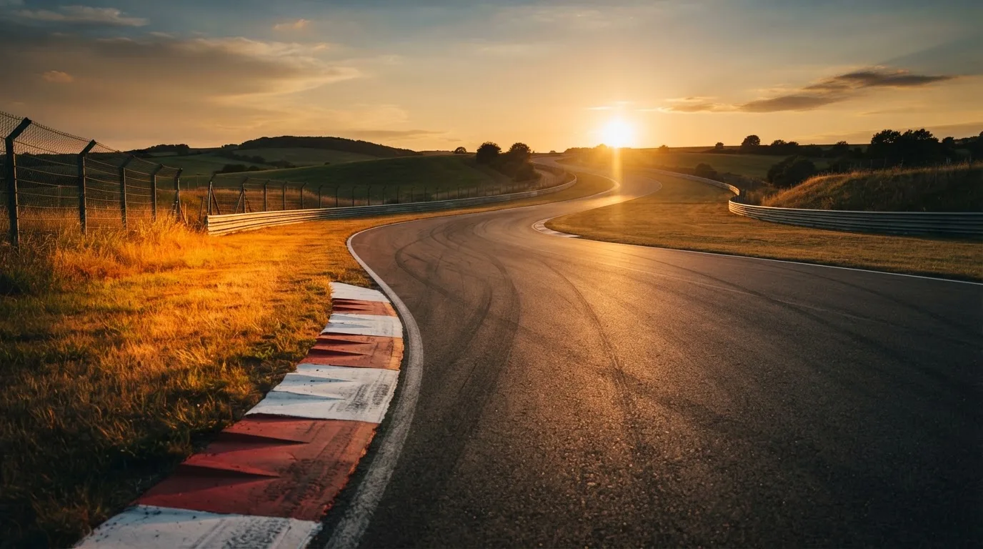Eine leere Rennstrecke mit rot-weissen Randsteinen im Licht der untergehenden Sonne, Asphalt und Wiese im Gegenlicht.