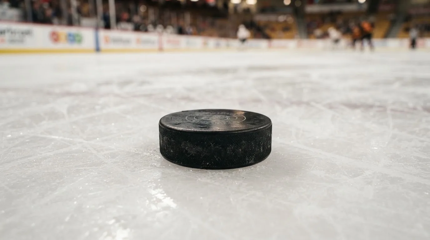 Ein Eishockeypuck liegt in Grossaufnahme auf der Eisfläche, feine Kratzer im Eis glänzen im hellen Hallenlicht.